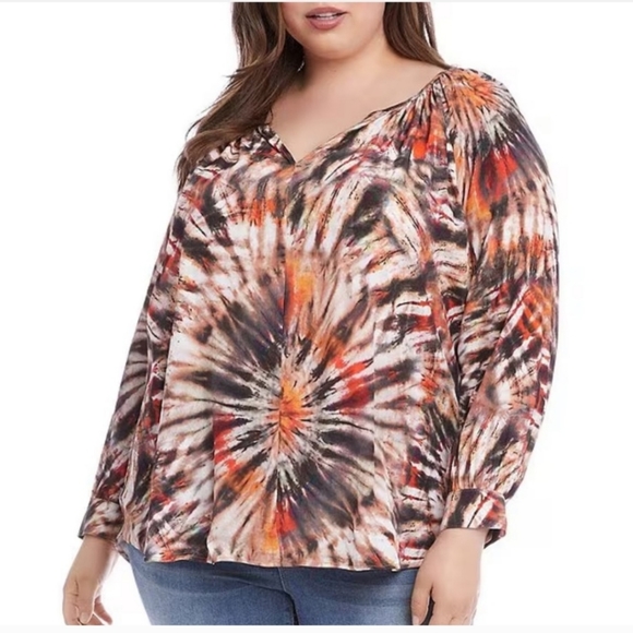 Karen Kane Tops - Karen Kane Tie Dye Printed Tie Split V-Neck Long Sleeve Curved Hem Peasa…
